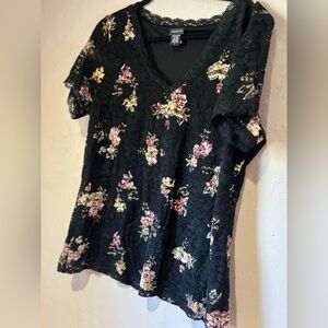 Torrid Black Lace V-Neck Blouse with Pink & Yellow Floral Print 2X 2XL